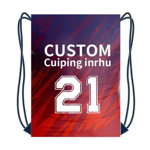 Close-up of customizable soccer jersey drawstring bag with abstract print and number 21