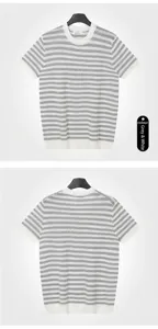 Detailed front and back views of a men's grey and white striped knit crew neck tee