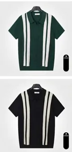 Detailed macro view showing dark green and black knitted Polo shirts with vertical stripes