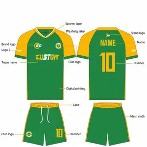 Customizable retro green and yellow soccer jersey set featuring digital sublimation printing