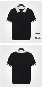 Vorder- und Rückansicht eines schwarzen Herren-Poloshirts aus Eisseide mit weißem Kragen