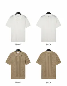 Vorder- und Rückansicht von weißen und khakifarbenen Strick-Poloshirts mit Netzstruktur