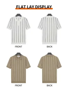 Detail layout showing front and back views of men's striped polo shirts in two colors
