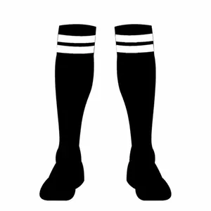 Close-up detailed view of professional black over-the-knee soccer socks with white stripes