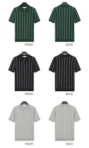 Front and back views of men's short sleeve striped ice silk cooling polo shirts in three colors