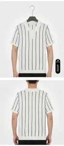Front and back view of a white vertical striped men's ice silk breathable polo shirt.