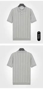 Front and back detail views of a grey men's ice silk polo shirt with white vertical stripes