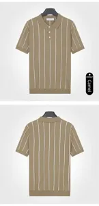 Men's camel striped knit polo shirt with front and back view detail for summer