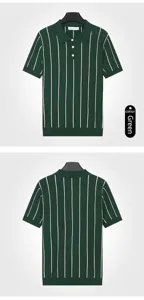Detailed front and back view of a men's dark green ice silk striped polo shirt