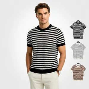 Men's Casual Striped Knitted T-Shirt Slim Fit Short Sleeve Round Neck Viscose Polyester Blend Ice Silk Breathable Knit Top