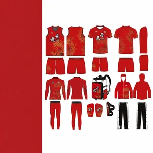 Professional custom red sublimation soccer uniform set with traditional dragon pattern