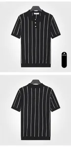 Front and back view of men's black vertical striped ice silk polo shirt on hangers