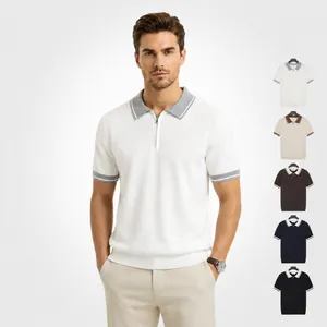 Men Summer Ice Silk Knitted Polo Shirt Contrast Color Short Sleeve Zip Top Breathable Business Casual Slim Fit Knitwear