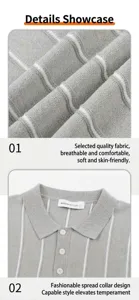 Close-up of breathable striped knit fabric and collar detail of a men's polo shirt.