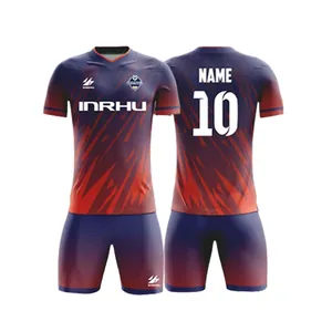 Professional custom quick-dry soccer jersey set with red and blue gradient design
