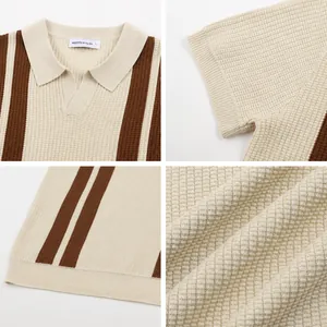 Detailed view of men's striped knitted polo shirt featuring collar, cuff and fabric