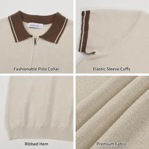 Detailed views of men's knit polo shirt with contrast collar and premium fabric texture