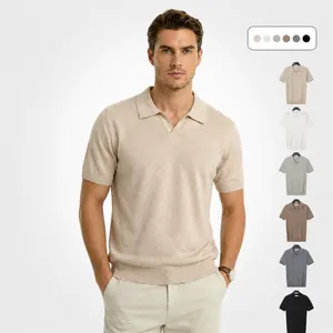 Polo en Tricot pour Hommes Manches Courtes Respirant Polyester Col en V Haut Ajusté Couleur Unie Décontracté Business Mode