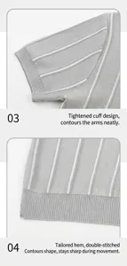 Detail shot of grey striped ice silk polo shirt showing ribbed cuff and reinforced hem.