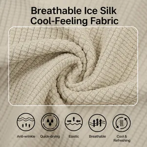 Close-up of breathable beige ice silk waffle knit fabric for summer polo shirts
