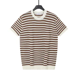 Summer men's business casual brown and cream striped knit crewneck short sleeve shirt
