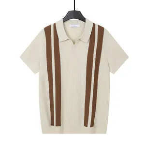 Men's vertical striped knit Polo shirt in cream and brown, stylish business casual summer top.