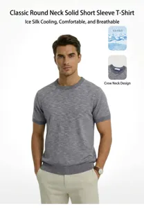 Close-up detail of grey ice silk knit T-shirt featuring a classic round neck design