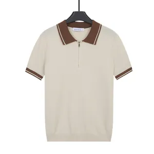 Business casual men's ice silk knit Polo shirt featuring contrast collar and zip neck