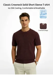 Détail d'un t-shirt tricoté bordeaux pour hommes à manches courtes et col rond confortable