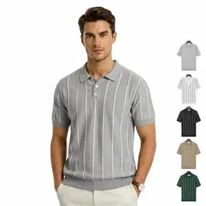 Men's Ice Silk Striped Polo Shirt Short Sleeve Breathable Slim Fit Knitted Top Business Casual Viscose Polyester Polo Shirt