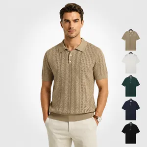 Herren Eisseide Viskose Strick Polo Hemd Gitter Textur Kurzarm Halbknopf Top Business Casual Atmungsaktiv Slim Fit Strickwaren