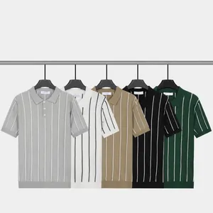 Men's minimalist vertical striped short sleeve ice silk polo shirt in multiple colors