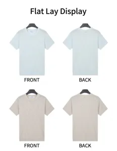 Front and back detailed views of men's ice silk knit t-shirts in light blue and beige