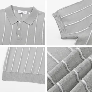 Men's ice silk striped polo shirt details featuring collar, cuffs and fabric texture