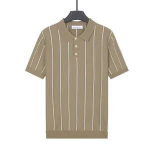 Men's breathable ice silk knit Polo shirt featuring elegant white vertical stripes