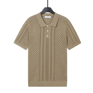 Strick-Poloshirt für Herren in Khaki mit atmungsaktivem Rautenmuster