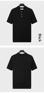 Vorder- und Rückansicht eines schwarzen kurzärmeligen Strick-Poloshirts mit Streifen