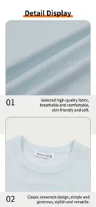 Macro detail view of light blue ice silk knit T-shirt fabric and classic round neckline.