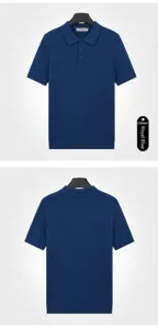 Professional front and back view of a men's royal blue short sleeve knitted polo shirt