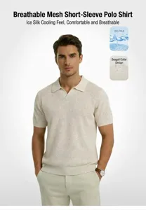 Detail view of breathable hollow knit fabric and stylish seagull collar polo shirt.