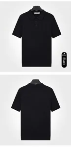 Front and back views of a men's black ice silk knitted Polo shirt with breathable texture.