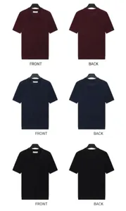 Front and back views of men's summer hollow knit polo shirts in three classic colors.