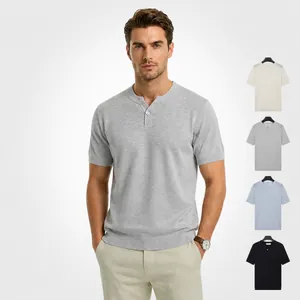 Men's Summer Ice Silk Knitted Henley T-Shirt Slim Fit Solid Color Short Sleeve Breathable Casual Knitted Top Comfortable Fashion Men Clothing