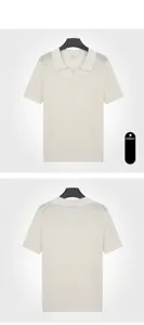 Detailed front and back views of a white hollow-out knit V-neck polo shirt for men