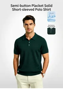 Dark green ice silk knitted polo shirt with half-button collar and cooling fabric