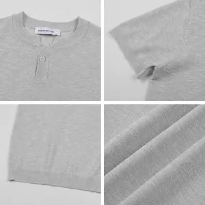Detail view of men's gray knitted polo shirt showing collar, cuff, hem and fabric