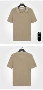 Detailed front and back views of a men's summer camel hollow knit V-neck polo shirt