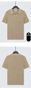 Detailed front and back views of a men's khaki ice silk knitted Polo shirt with V-neck.