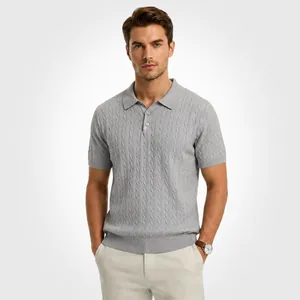 Men's Ice Silk Polo Shirt Cable Knit Short Sleeve Breathable Cooling Business Casual Solid Color Viscose Blend Top Fashion Slim Fit T-Shirt
