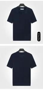 Front and back view of a men's dark blue hollow knit short sleeve polo shirt